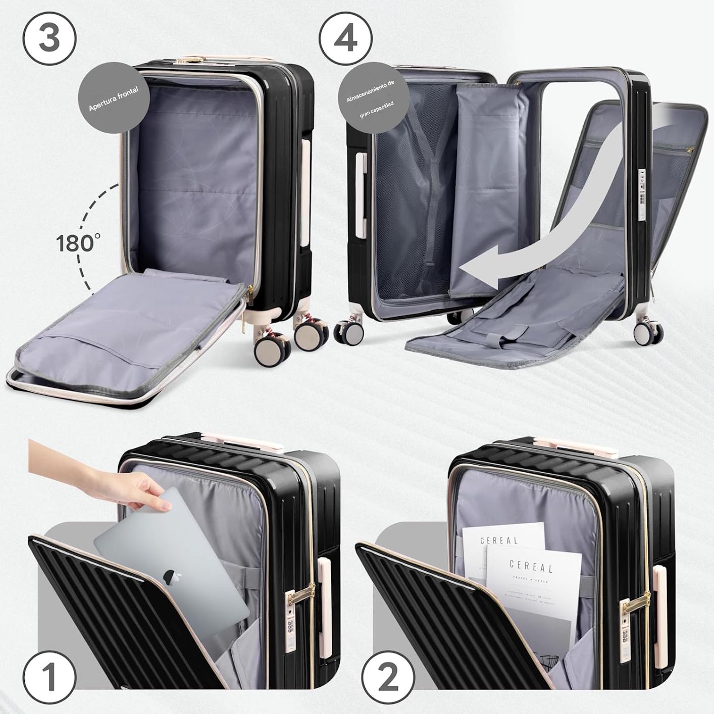 MALETA DE VIAJE CARRY-ON DE MANO CABINERA COMPARTIMIENTO LAPTOP USB APERTURA FRONTAL - NEGRO - 3
