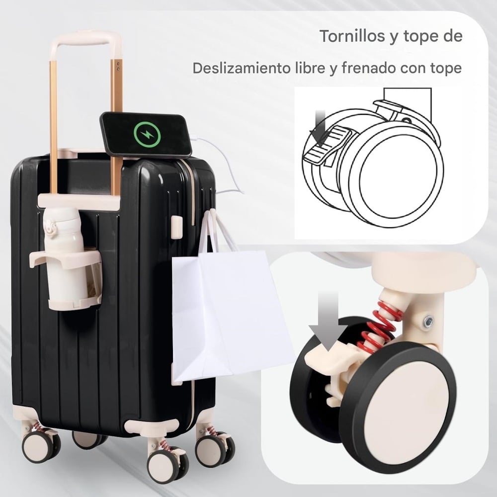 MALETA DE VIAJE CARRY-ON DE MANO CABINERA COMPARTIMIENTO LAPTOP USB APERTURA FRONTAL - NEGRO - 6