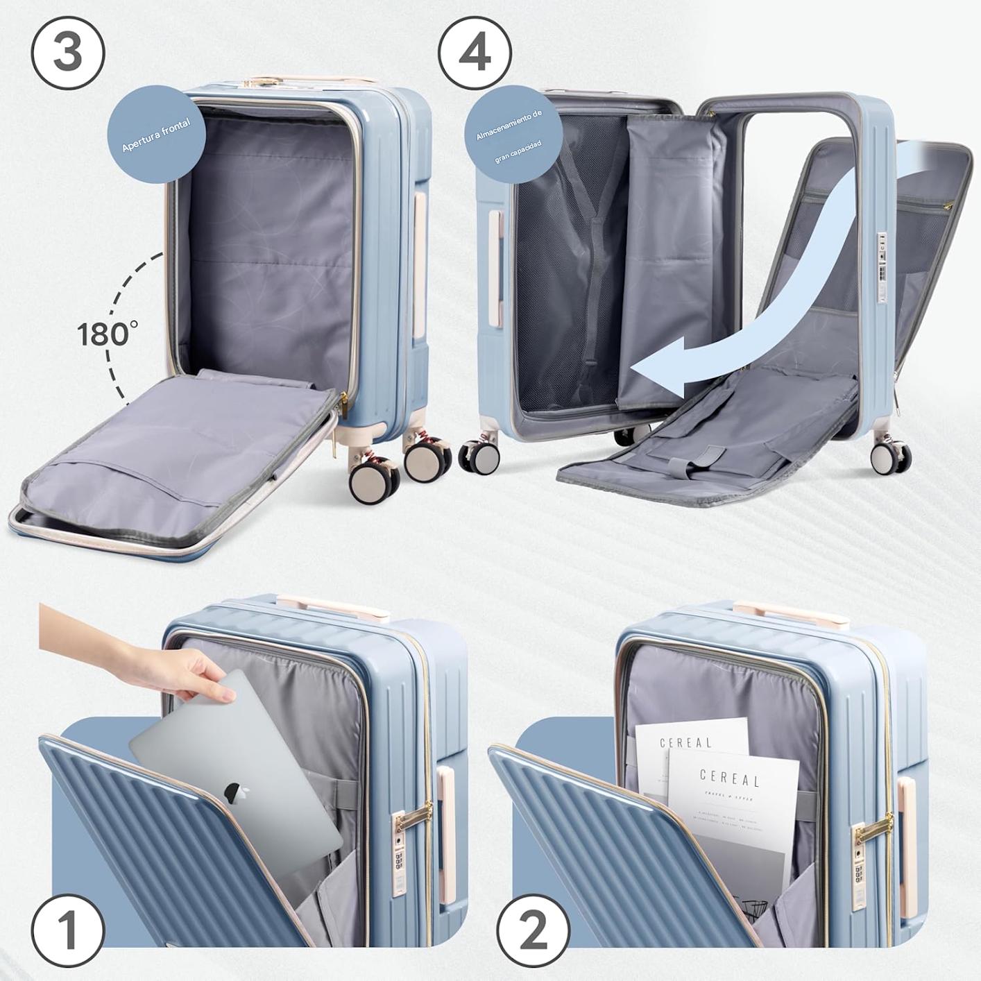 MALETA DE VIAJE CARRY-ON DE MANO CABINERA COMPARTIMIENTO LAPTOP USB APERTURA FRONTAL - CELESTE - 3