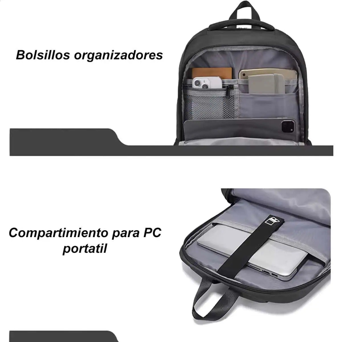 MOCHILA URBANA VIAJERA CABINERA COMPARTIMIENTO LAPTOP NEGRO - 5