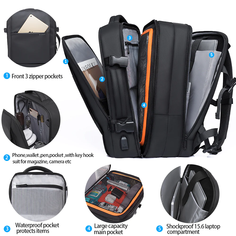 MOCHILA EXPANDIBLE VIAJERA CABINERA COMPARTIMIENTO LAPTOP NEGRO - 2