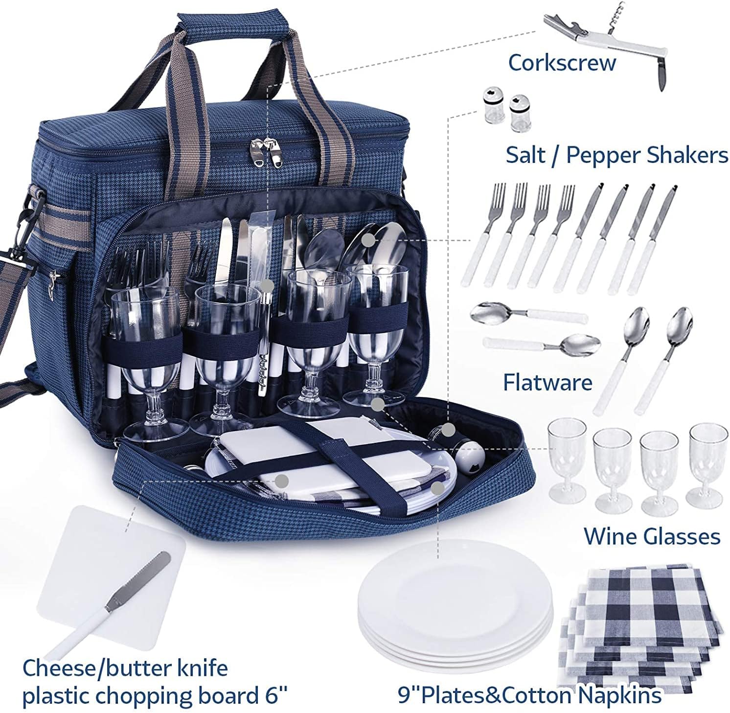 MOCHILA PARA PICNIC TERMICA PARA 4 PERSONAS CON PLATOS, CUBIERTOS, COPAS Y MANTA - 6