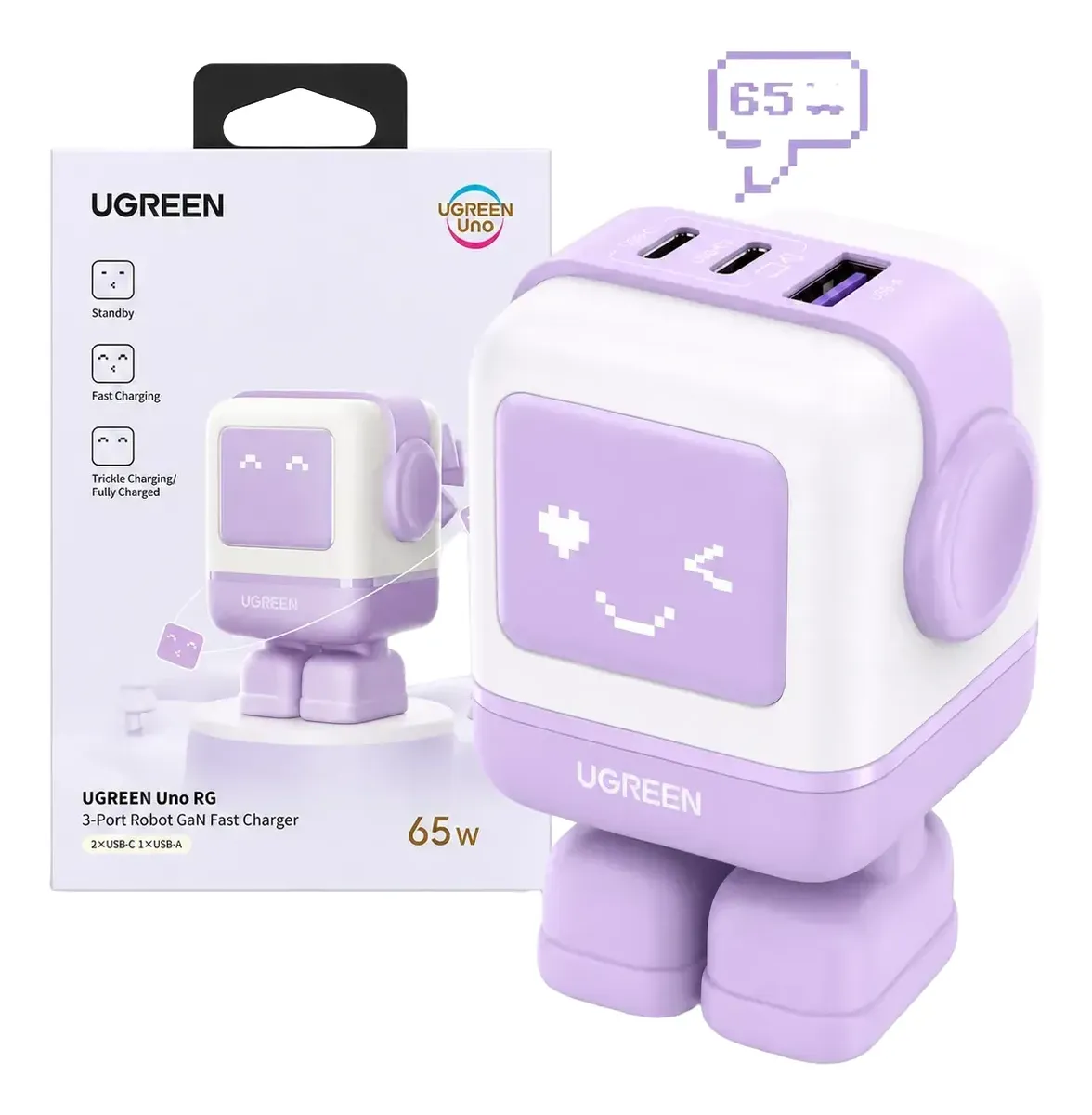 CARGADOR UGREEN NEXODE RG CD361 GAN 65W 3 PUERTOS USB-C USB-A PURPLE - 2