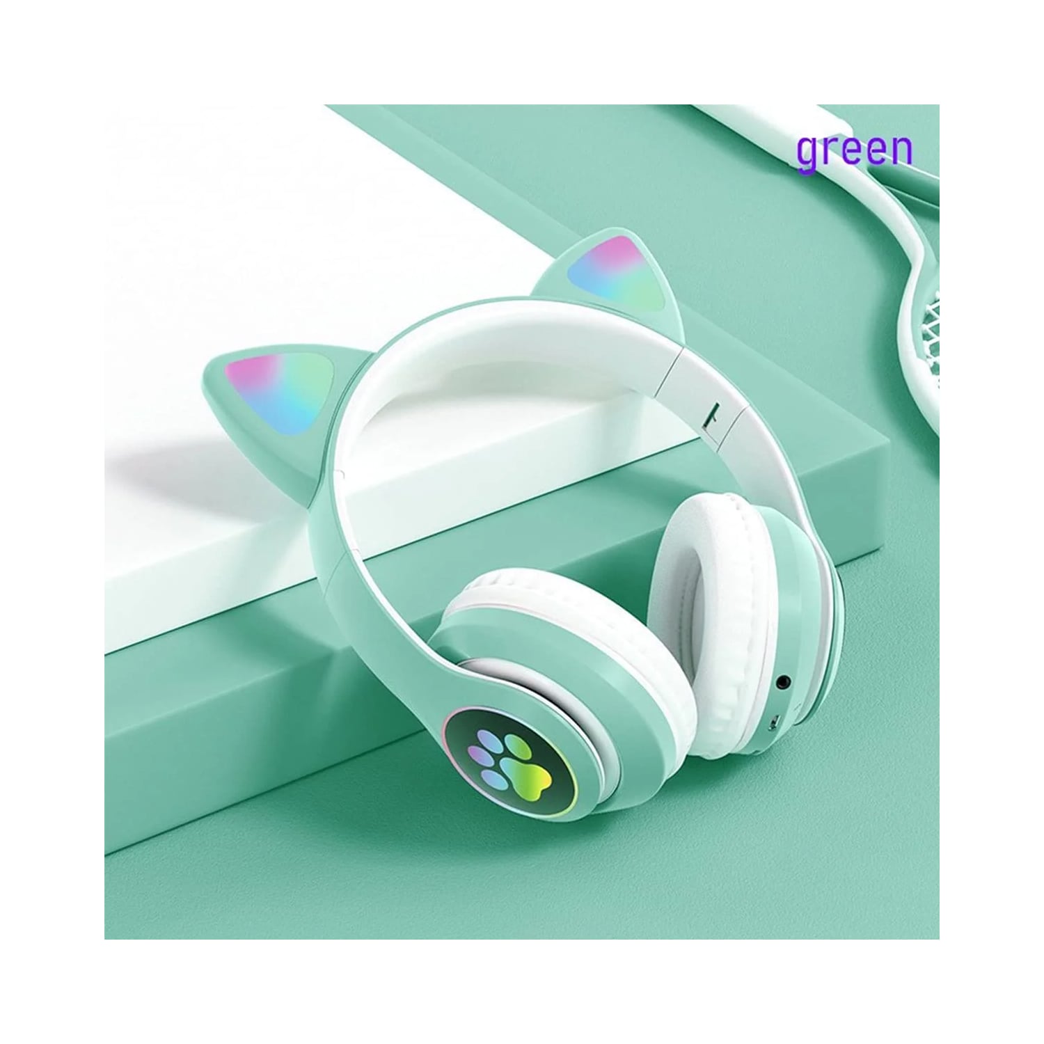 AUDÍFONOS ON-EAR STN-28 BLUETOOTH GATO CON LUZ LED TURQUESA - 3