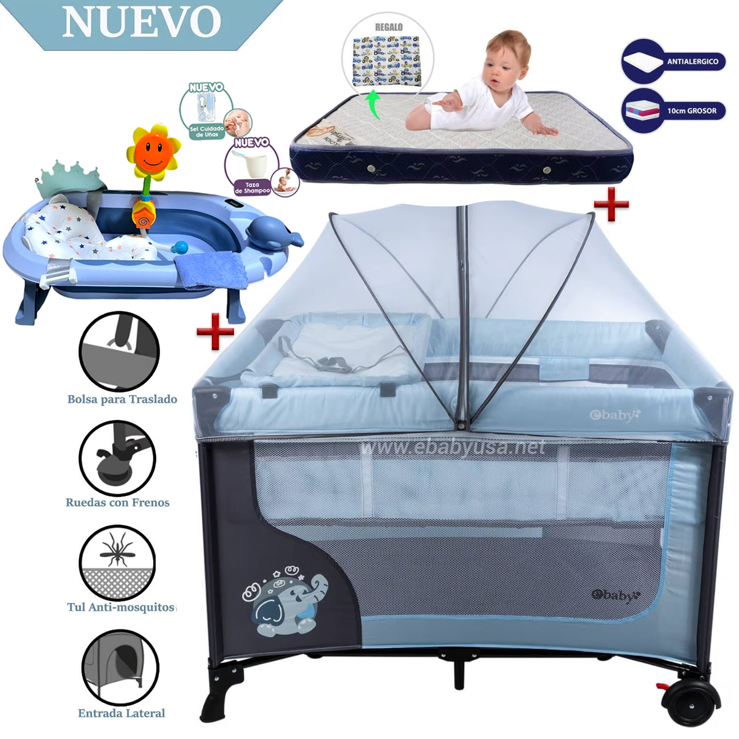 CUNA CORRAL EBABY HAPPY DREAM CELESTE-COLCHÓN Y BAÑERA - 1