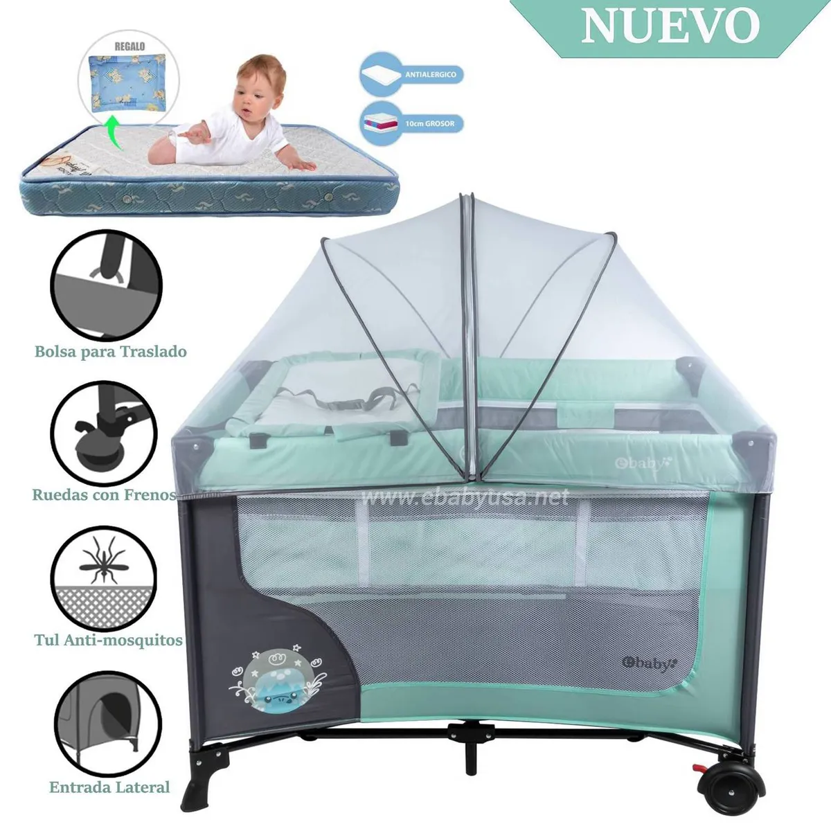 CUNA CORRAL EBABY EB727-2 METAL VERDE HAPPY DREAM - 1