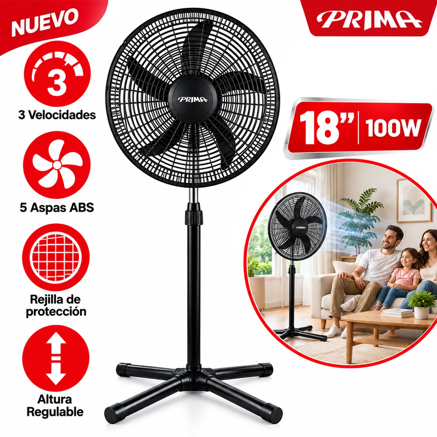 VENTILADOR DE PIE PRIMA YL-1805-1P 100 WATTS PEDESTAL 18" 3 VELOCIDADES - 1