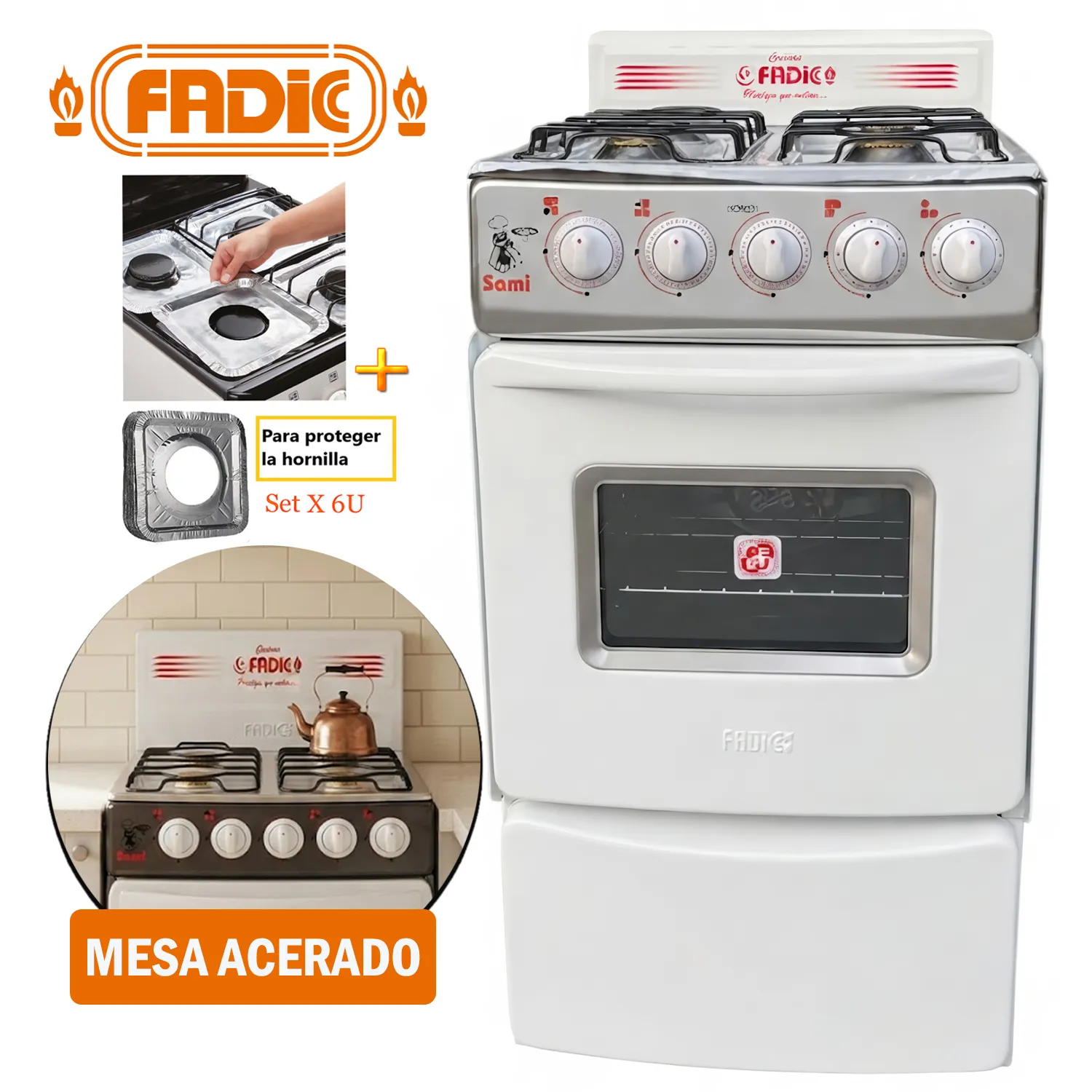 COCINA FADICC 4H FADIC CON RESPALDAR Y HORNO 20 SAMI BLANCO + PROTECTOR - 1