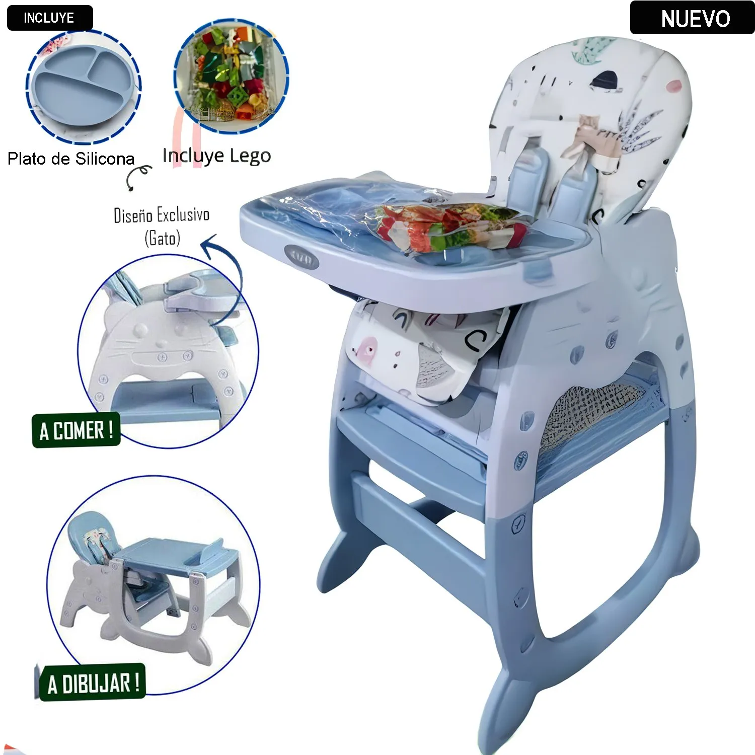 SILLA CARPETA HI BABY GATO 3 EN 1 AZUL CON PLATO Y LEGO - 1