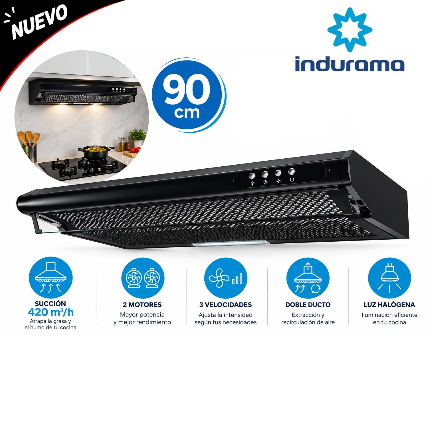 CAMPANA EXTRACTORA INDURAMA 90 CM 3 VELOCIDADES CEI-902NE - 1