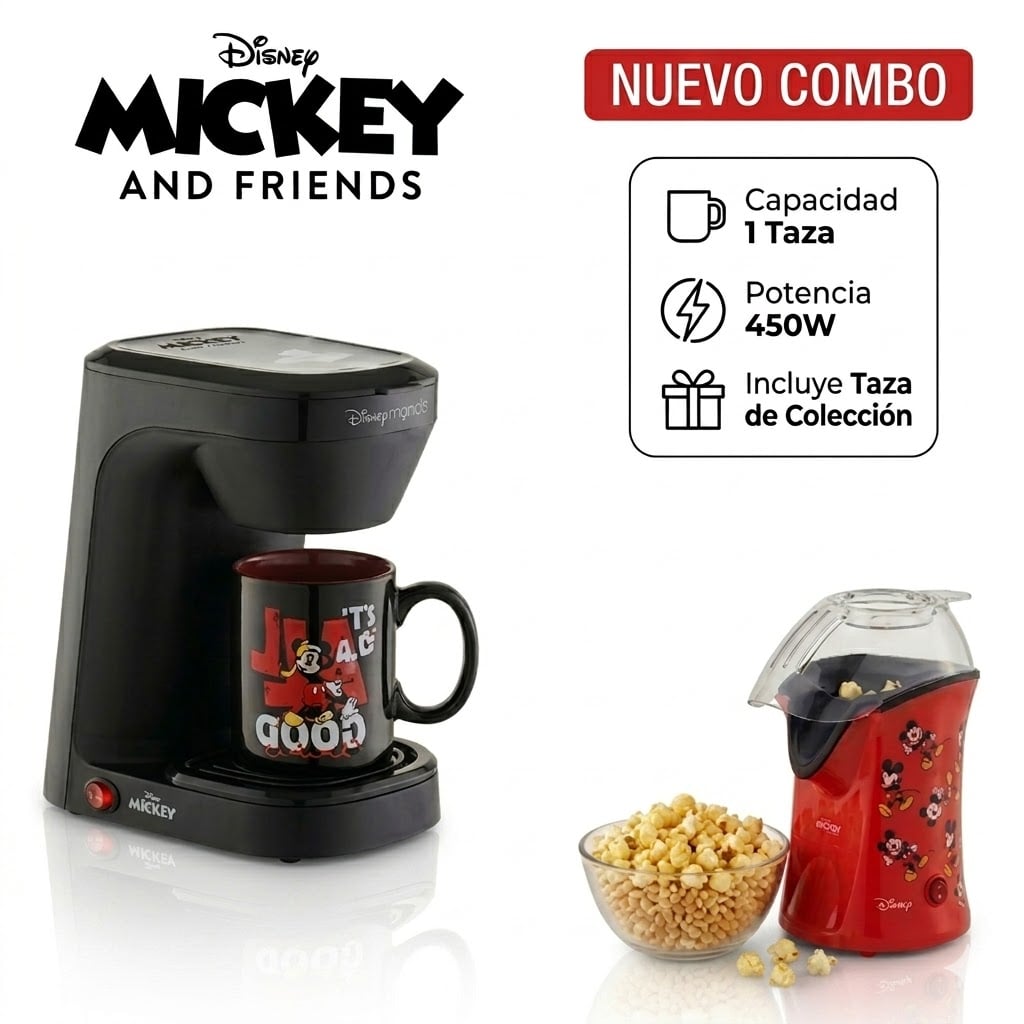 COMBO MICKEY CAFETERA ELÉCTRICA ATMA DISNEY CON TAZA + POP CORN MAKER CANCHITA SIN ACEITE ATMA DISNEY - 1