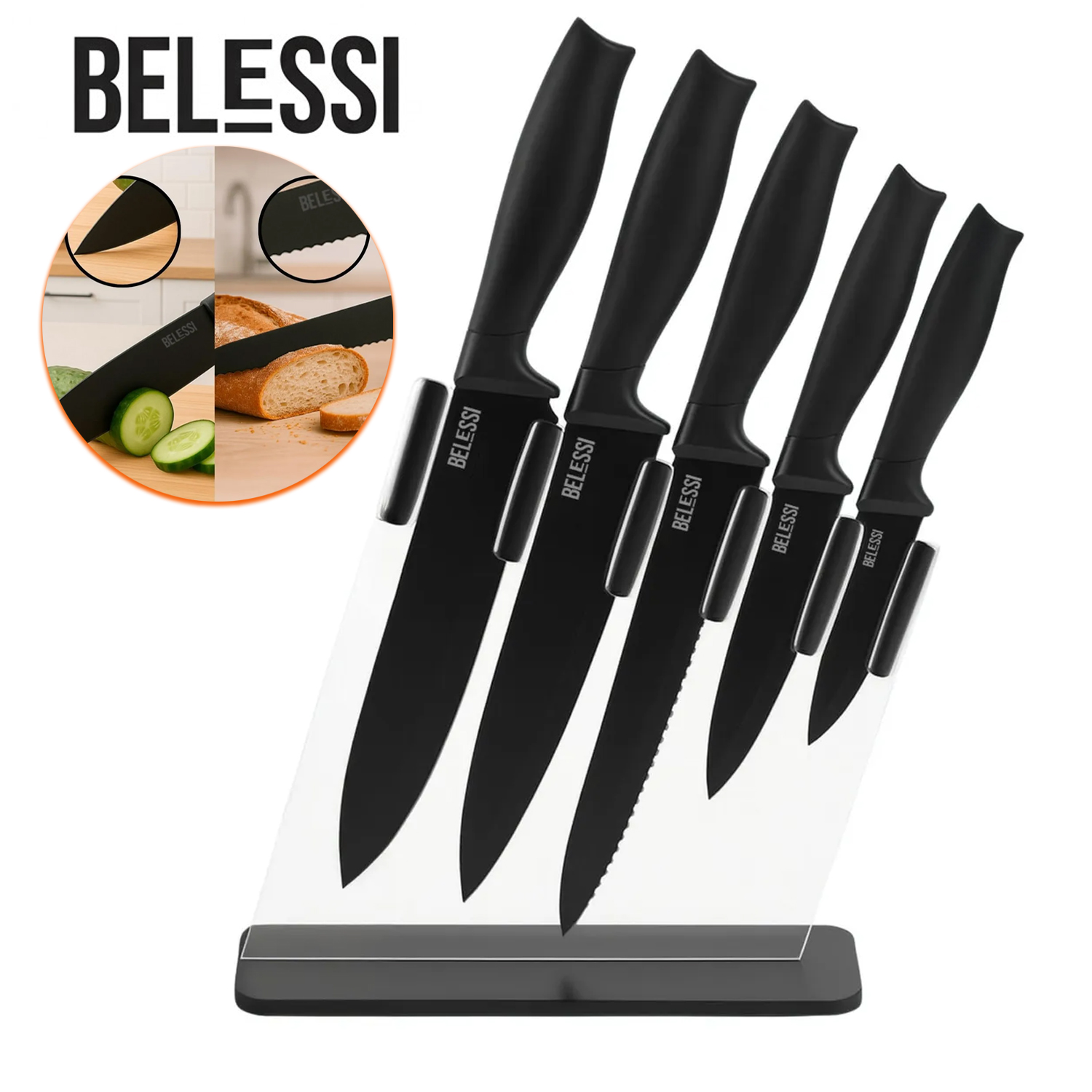 SET DE CUCHILLOS BELESSI (5 PIEZAS) + ORGANIZADOR ACRÍLICO - 1