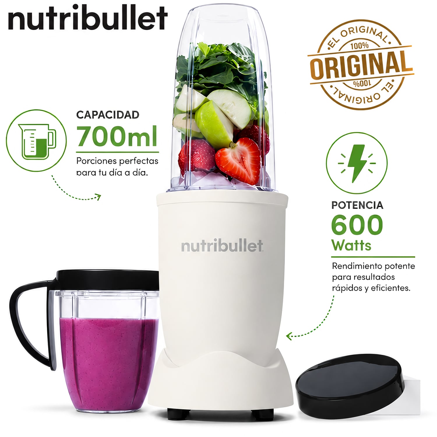 LICUADORA PORTÁTIL NUTRIBULLET 600 PARA SMOOTHIES Y BATIDOS 700ML BLANCO - 1