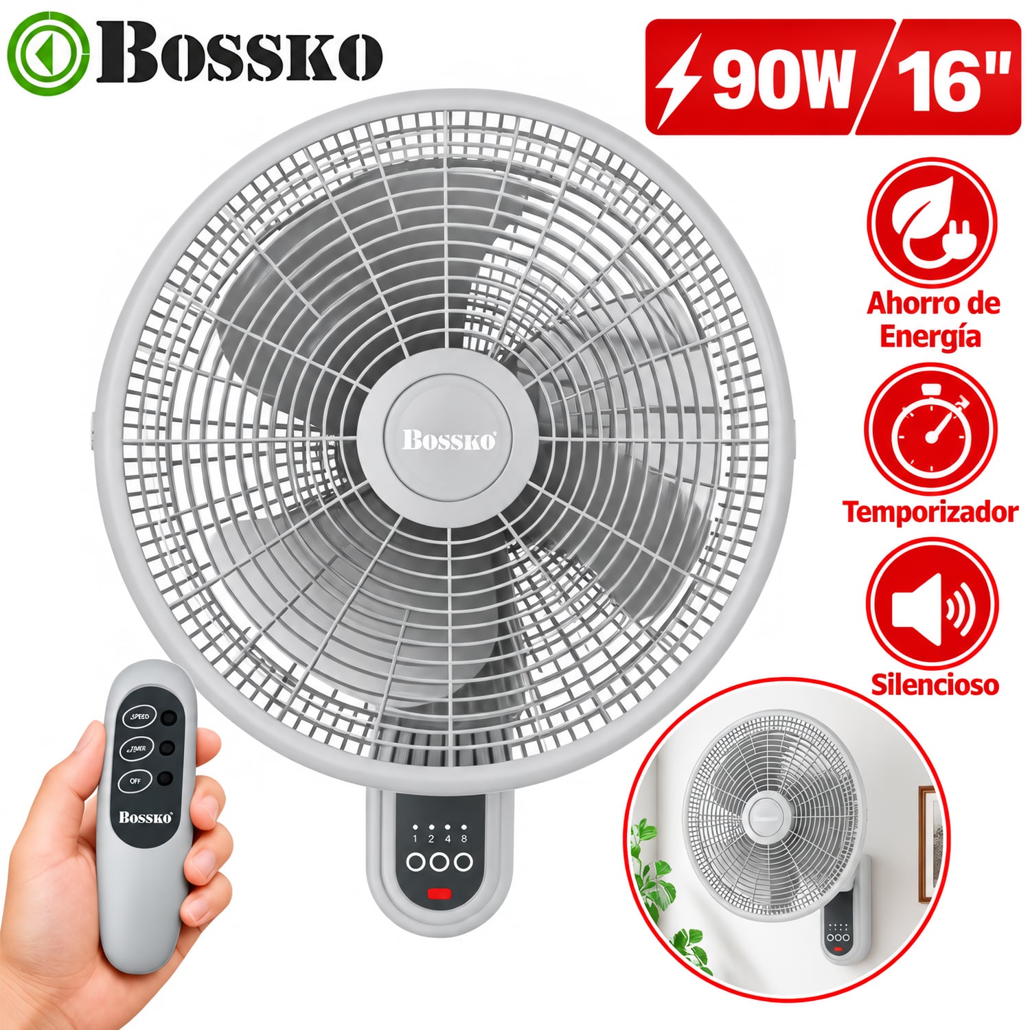 VENTILADOR DE PARED CON CONTROL 16' 90 WATTS BK-16-8010PD BLANCO - 1