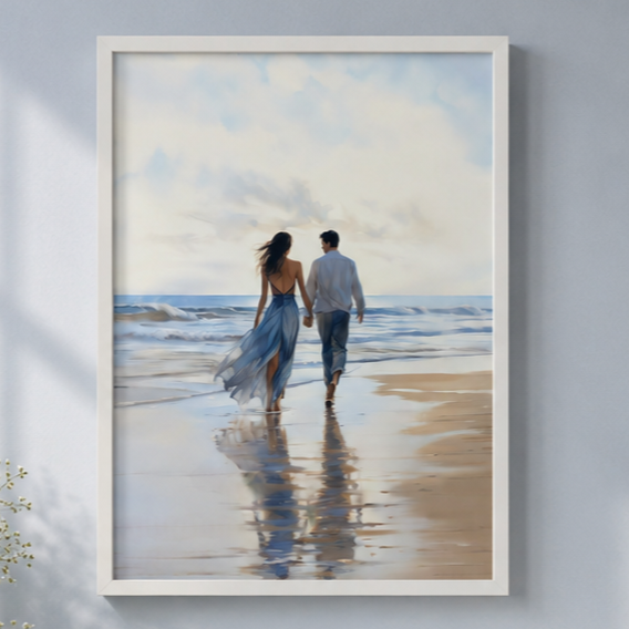 BLOOMING ART  CUADRO DECORATIVO DE PAREJA EN LA PLAYA  А3 MARCO BLANCO - 3