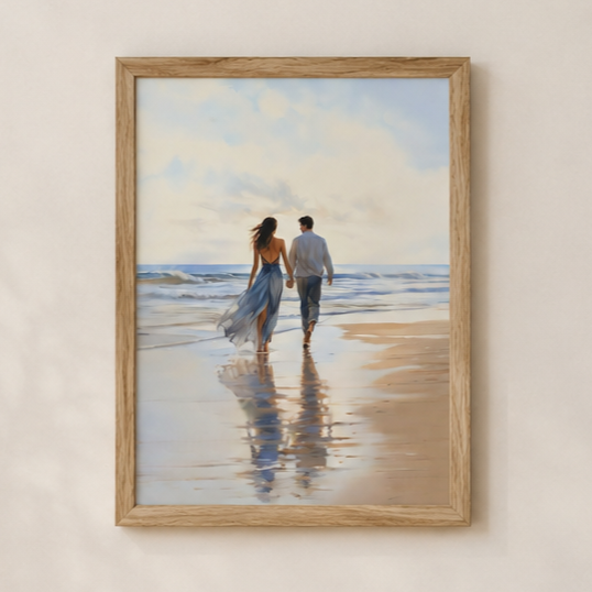 BLOOMING ART  CUADRO DECORATIVO DE PAREJA EN LA PLAYA  А3 MARCO NATURAL - 1
