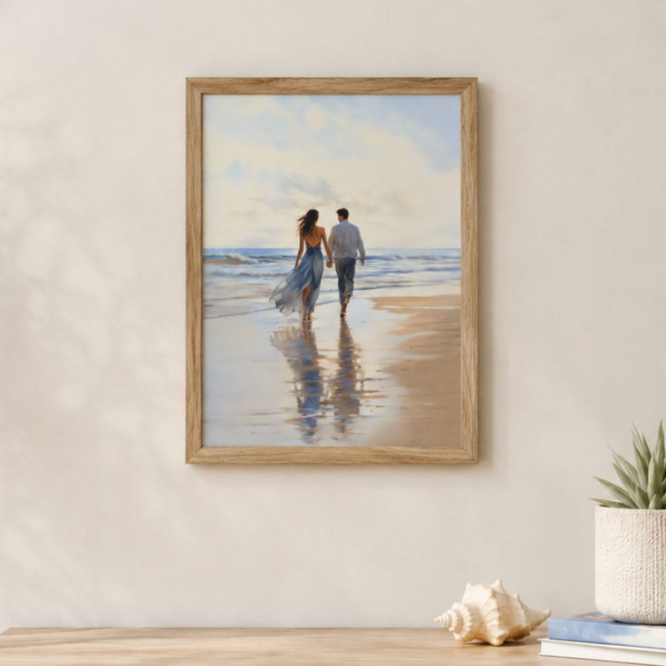 BLOOMING ART  CUADRO DECORATIVO DE PAREJA EN LA PLAYA  А3 MARCO NATURAL - 2