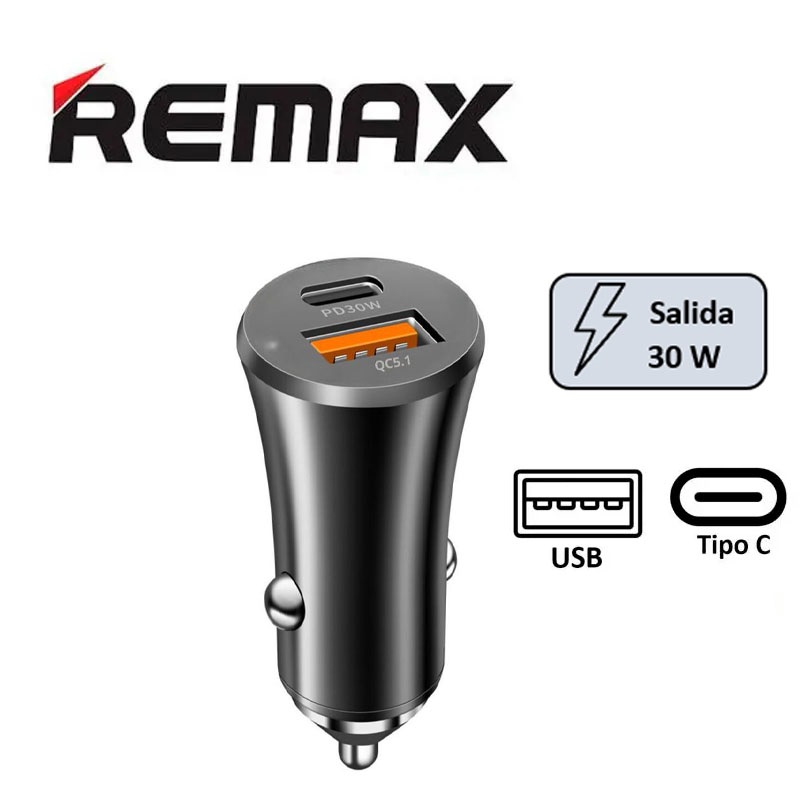 CARGADOR AUTO REMAX RCC358 TIPOC + A 30W NEGRO - 1