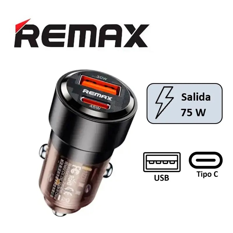 CARGADOR AUTO REMAX RCC360 TIPO C + A 75W NEGRO - 1