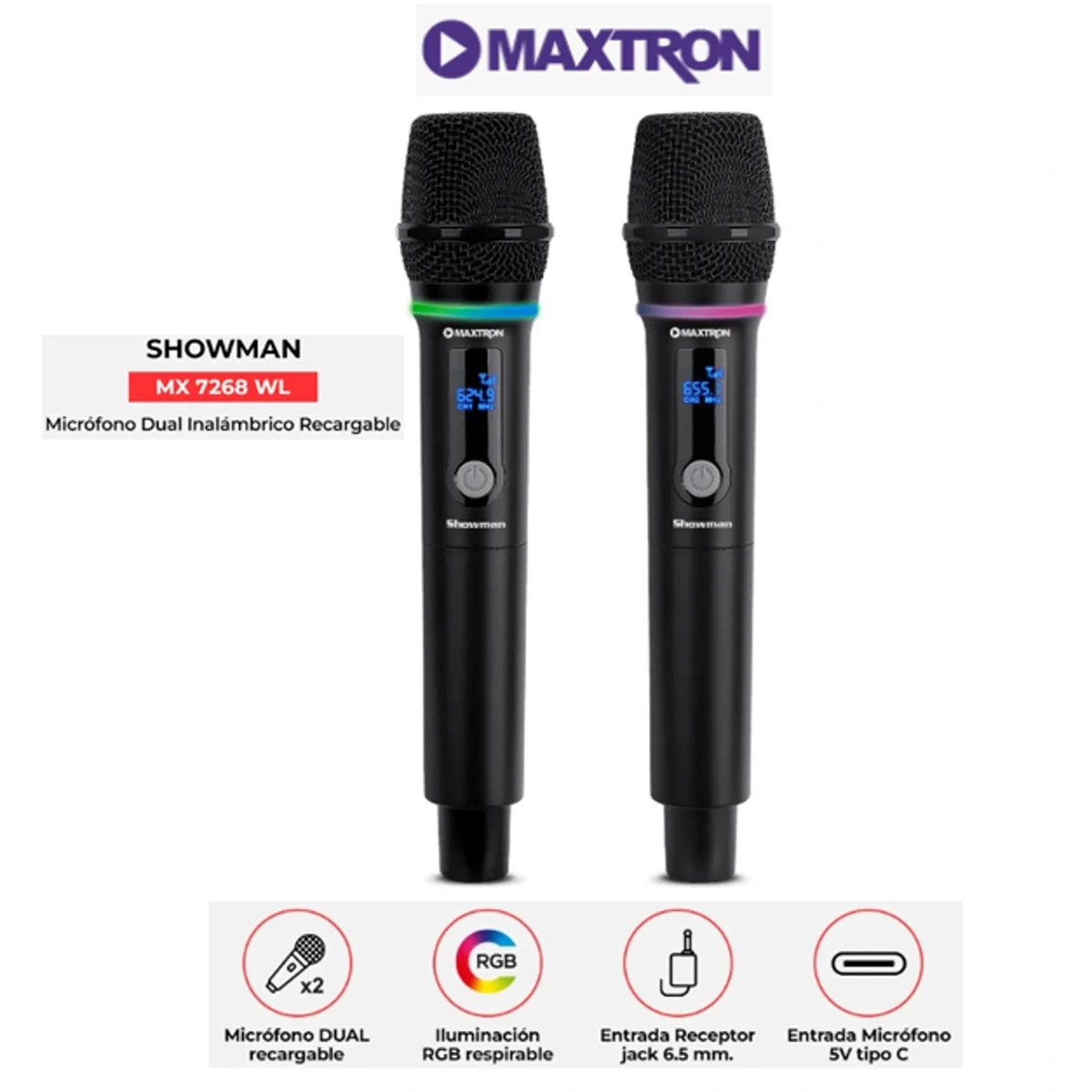 MICROFONO MAXTRON MX7268WL SHOWMAN DUAL WIFI RGB - 1
