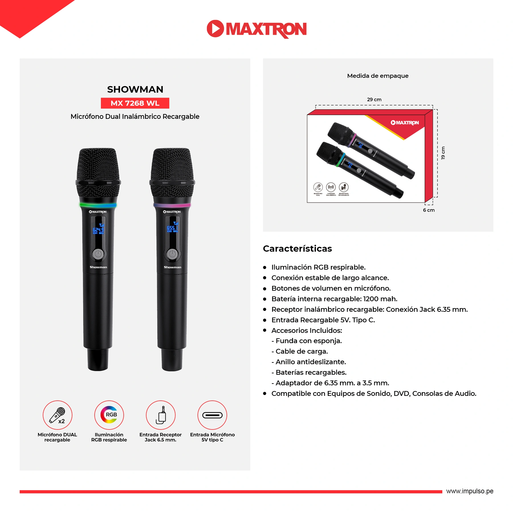 MICROFONO MAXTRON MX7268WL SHOWMAN DUAL WIFI RGB - 3