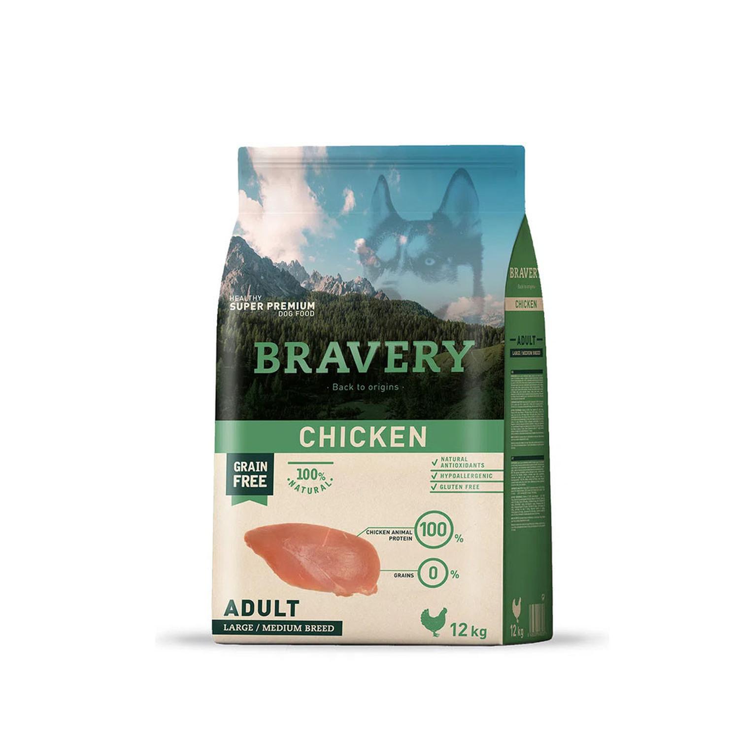 COMIDA SECA PERROS ADULTOS BRAVERY RAZA GRANDE SABOR POLLO SACO POLLO 12KG - 1
