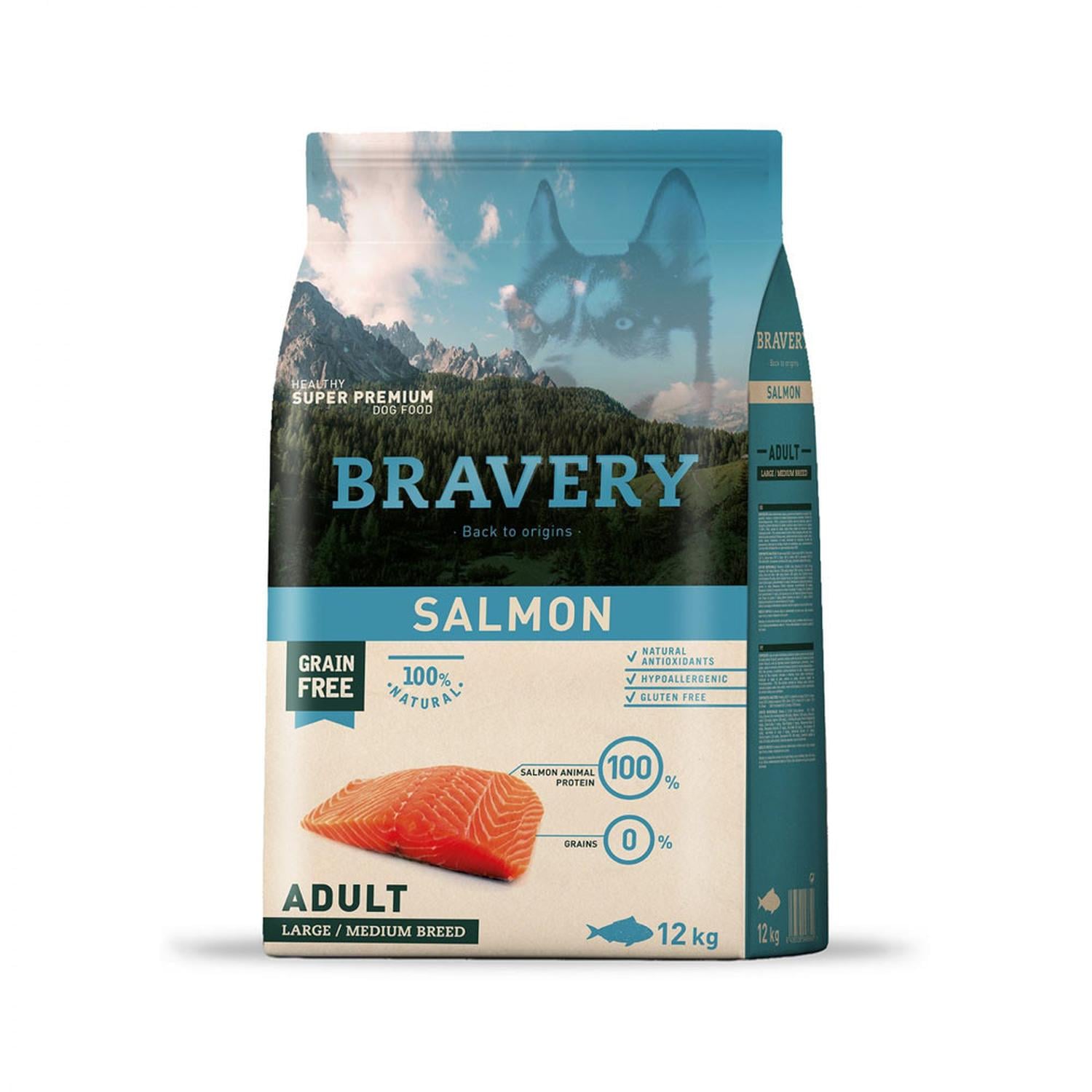 COMIDA SECA PERROS ADULTOS BRAVERY RAZA GRANDE SABOR SALMÓN SACO 12KG - 1