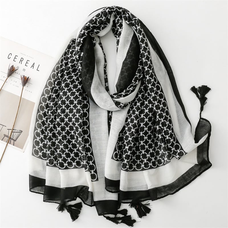 PASHMINA SIDNEY CON BORLAS | BLANCO Y NEGRO - 1