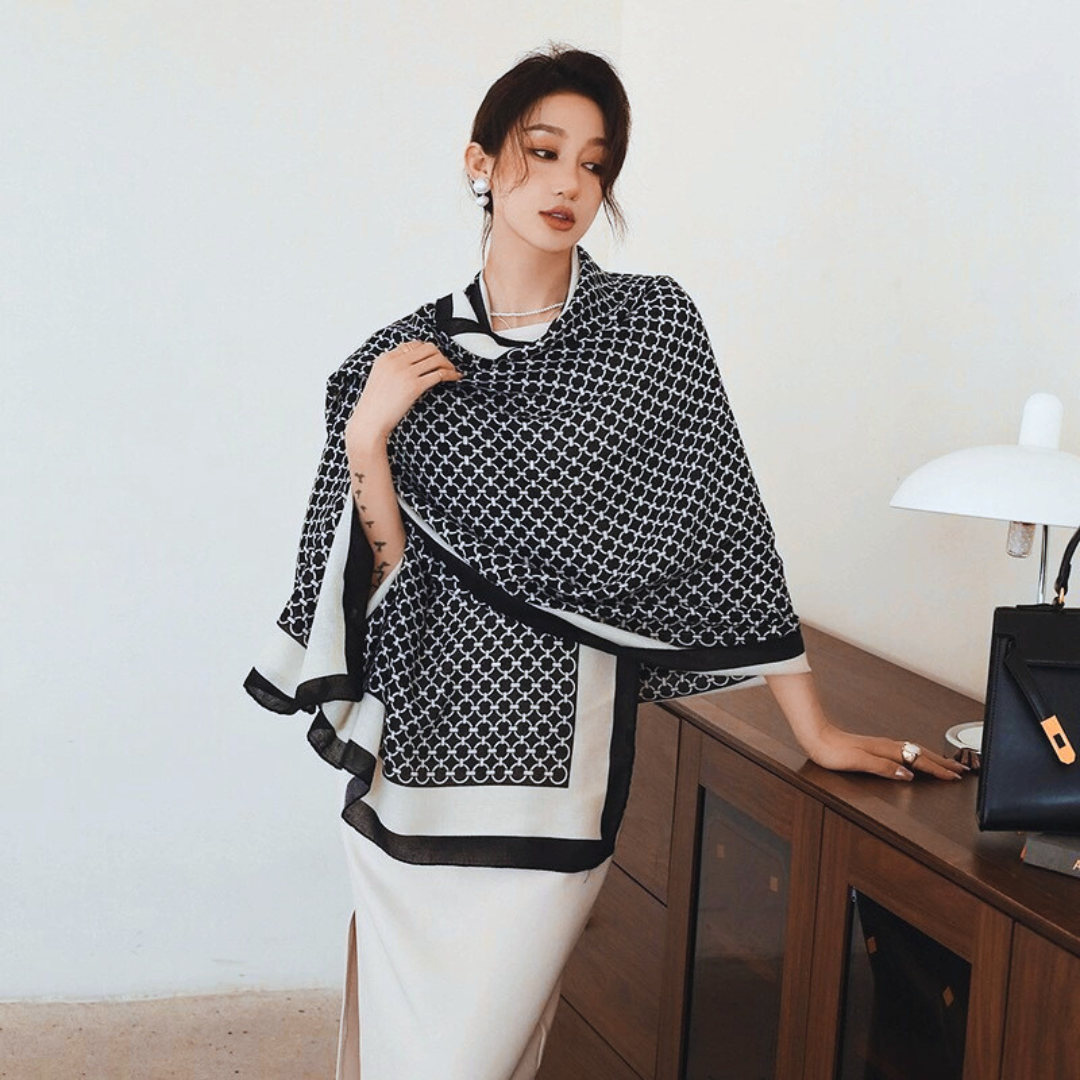 PASHMINA SIDNEY CON BORLAS | BLANCO Y NEGRO - 2