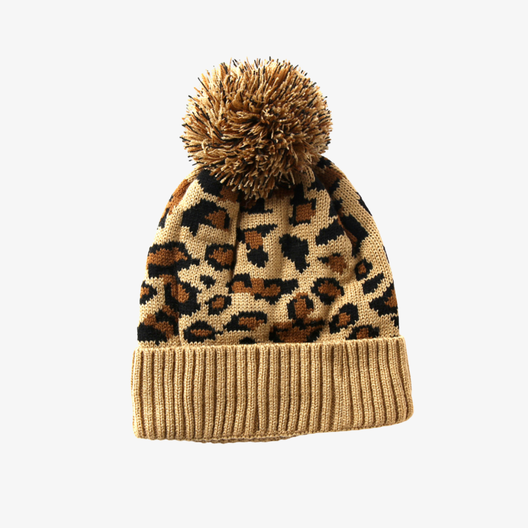 BEANIE LEOPARD PRINT CON POMPÓN PARA MUJER | BEIGE - 1