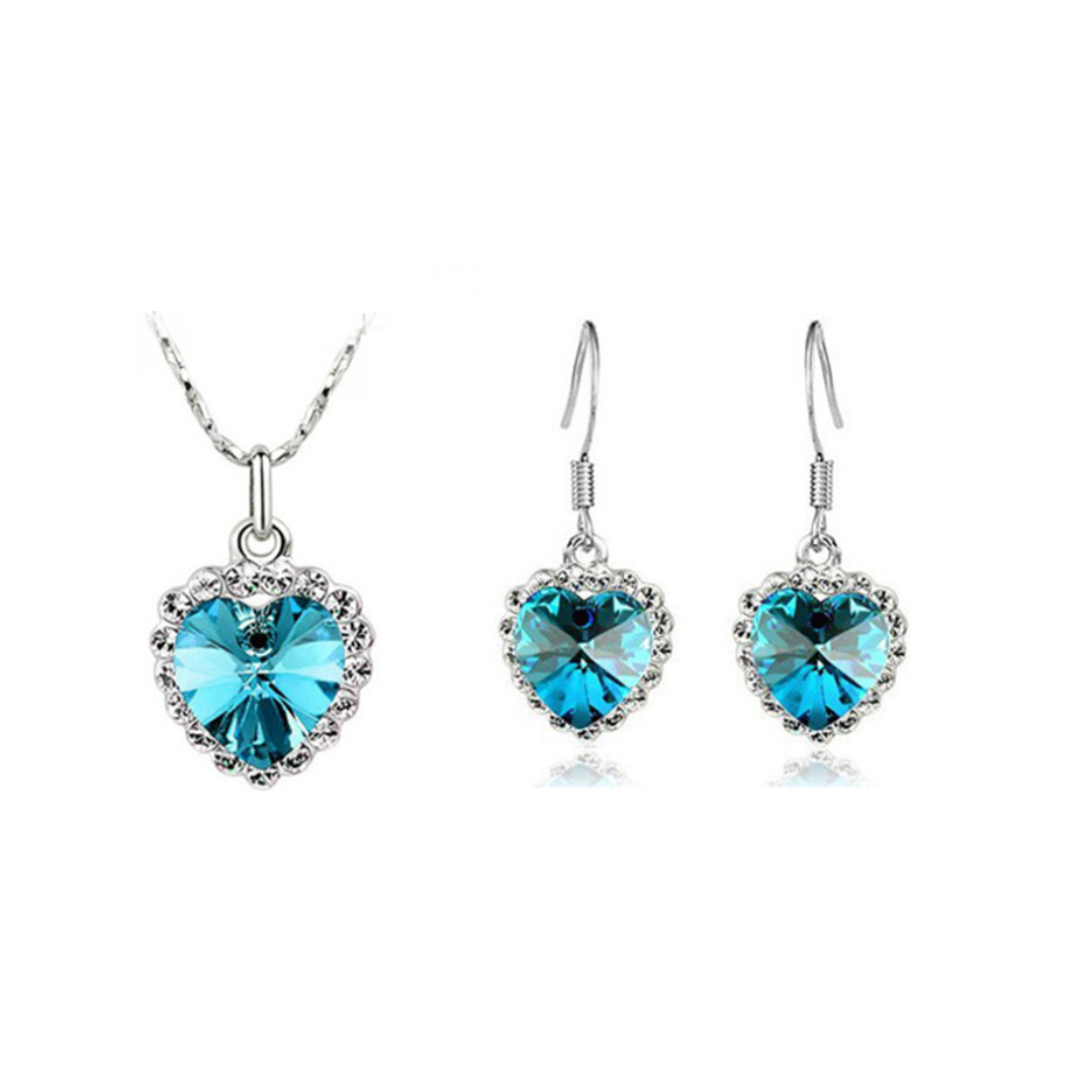 SET COLLAR ARETES CORAZON TITANIC - TURQUESA Y PLATEADO - 1