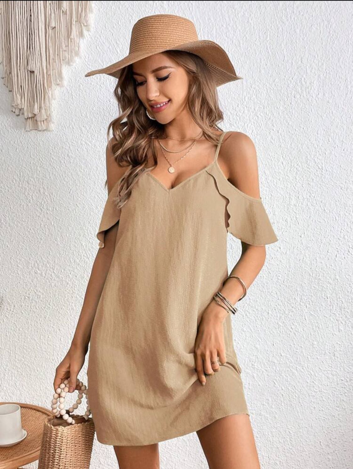 VESTIDO DE VERANO ALIRA BEIGE CON HOMBROS DESCUBIERTOS - TALLA M - 1