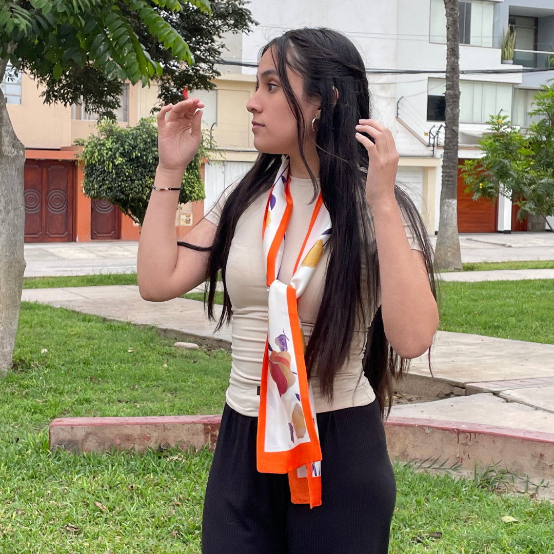 PAÑUELO LARGO TIPO CORBATA MULTI USOS IRIS CON BORDE NARANJA - 3
