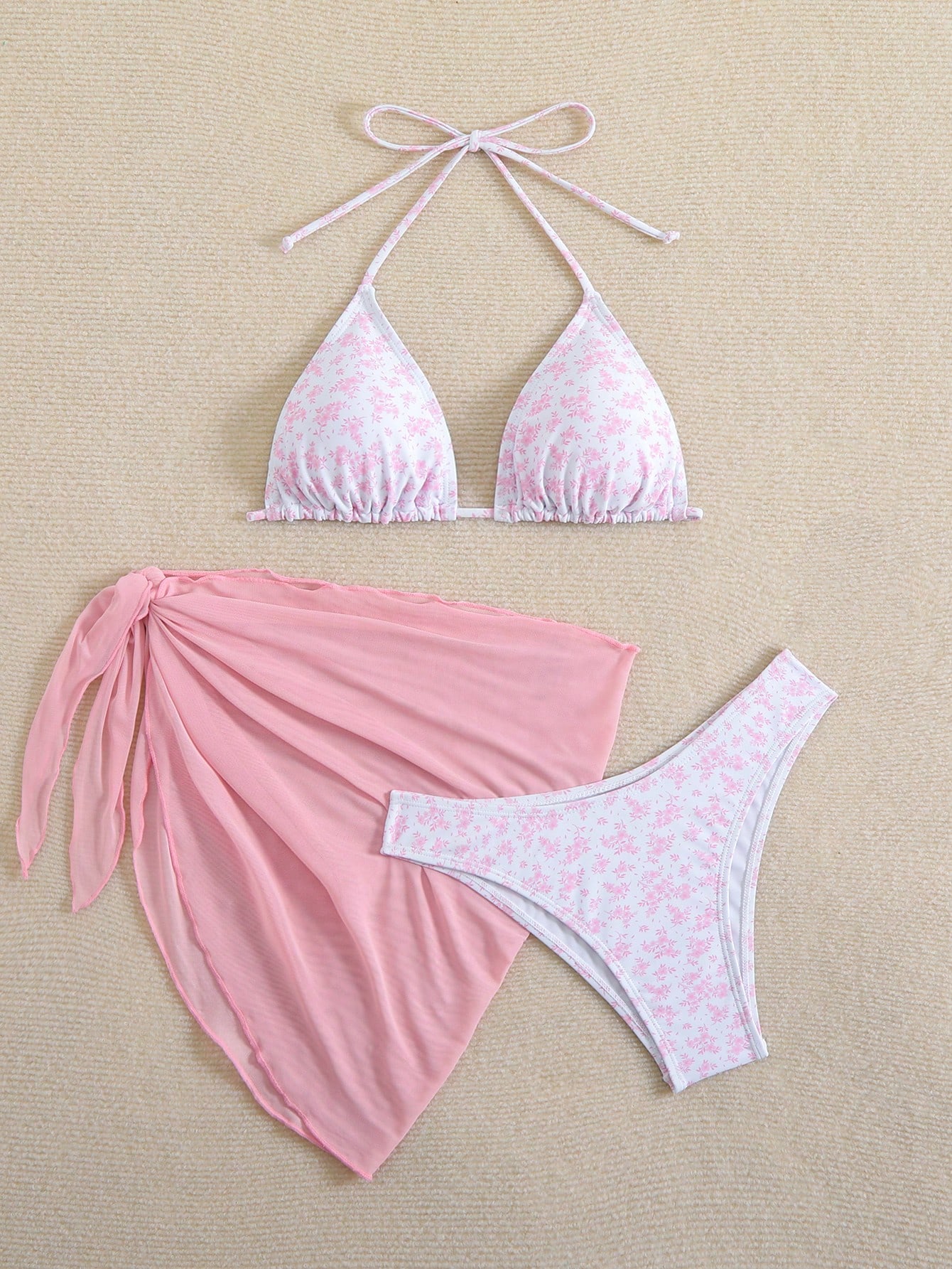 BIKINI SUSANA ROSADO DE 3 PIEZAS CON ESTAMPADO DE FLORES - TALLA M - 1