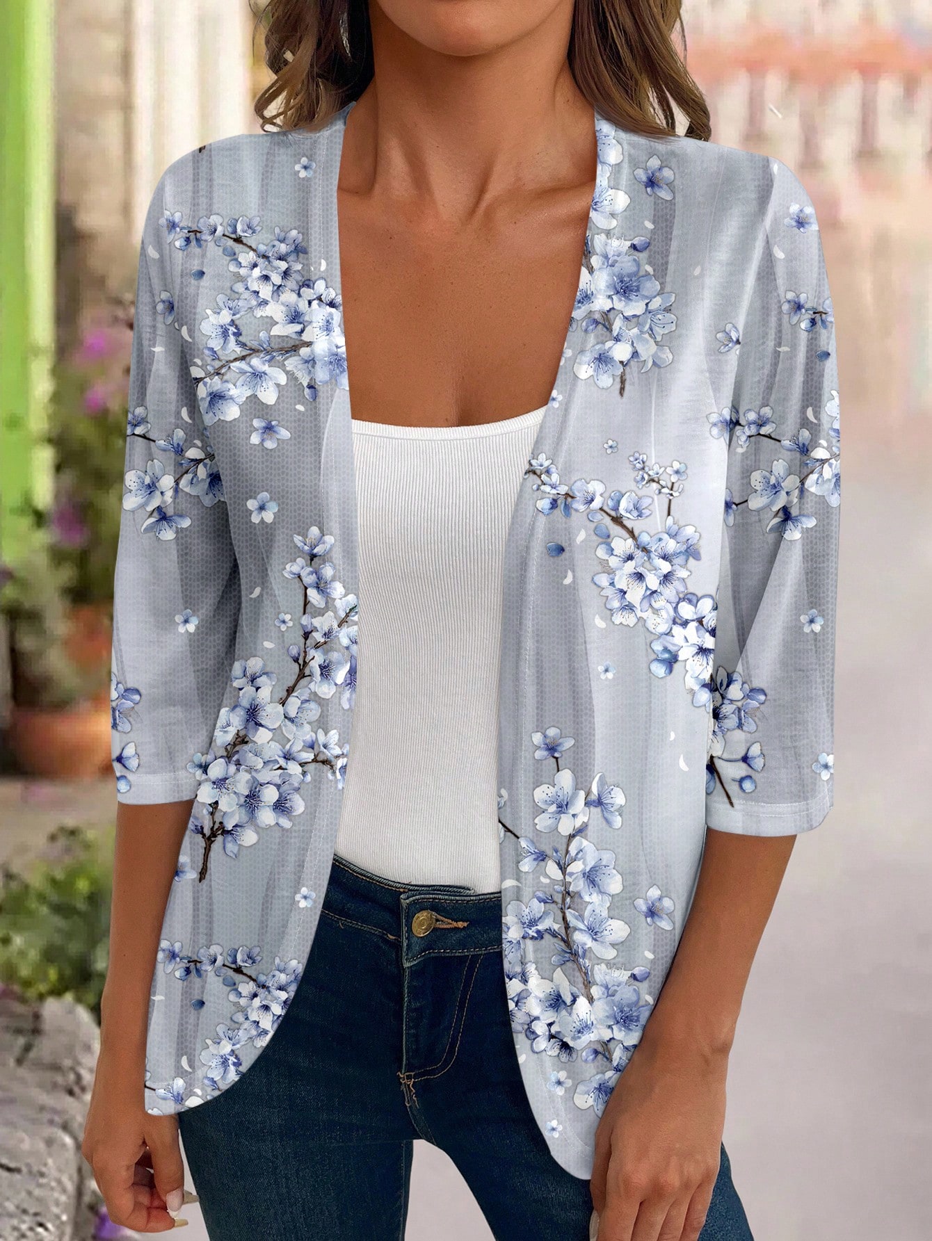 CARDIGAN TERESA LIGERO DE FLORES GRIS AZUL – TALLA M - 1
