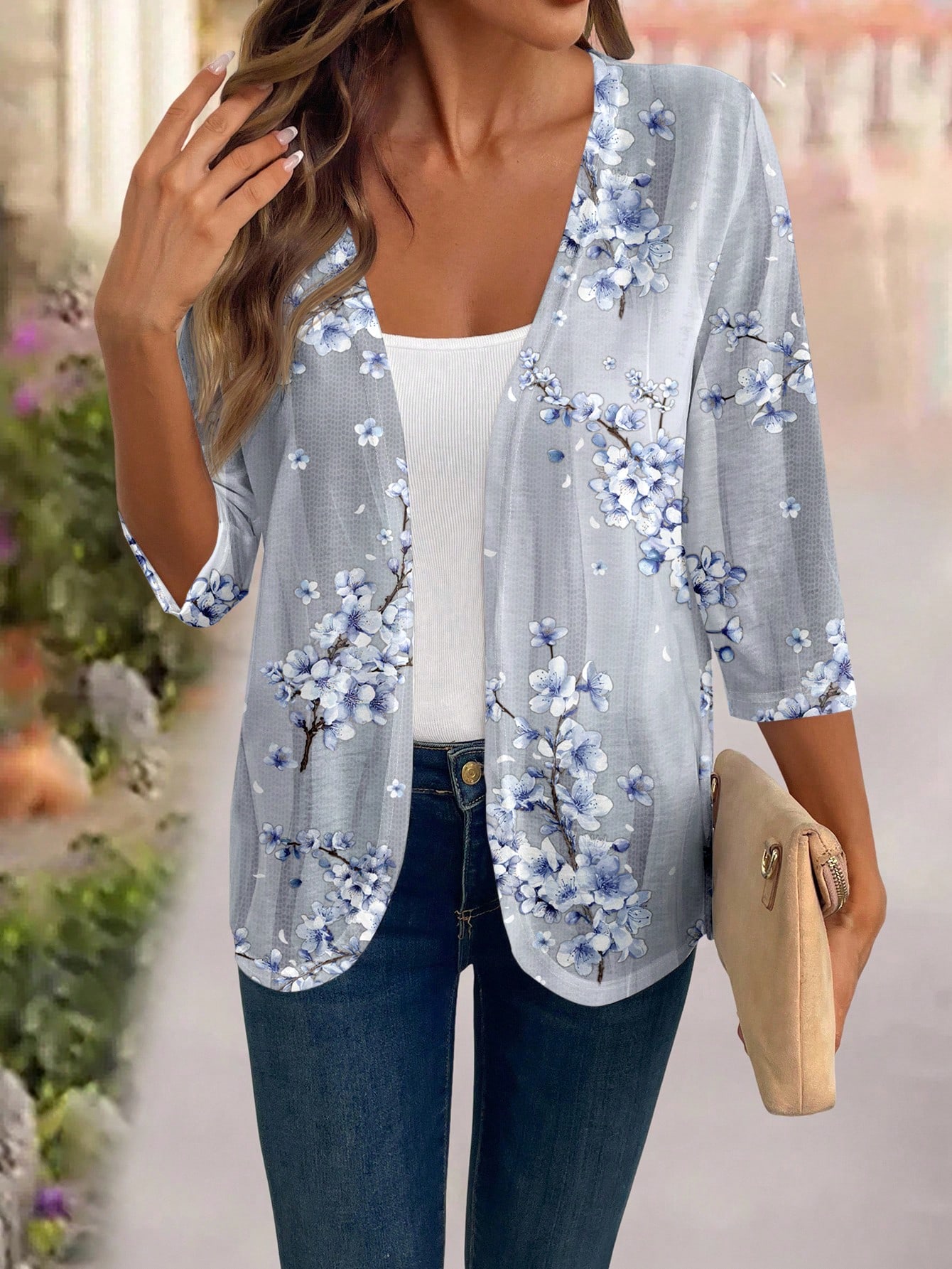 CARDIGAN TERESA LIGERO DE FLORES GRIS AZUL – TALLA M - 2
