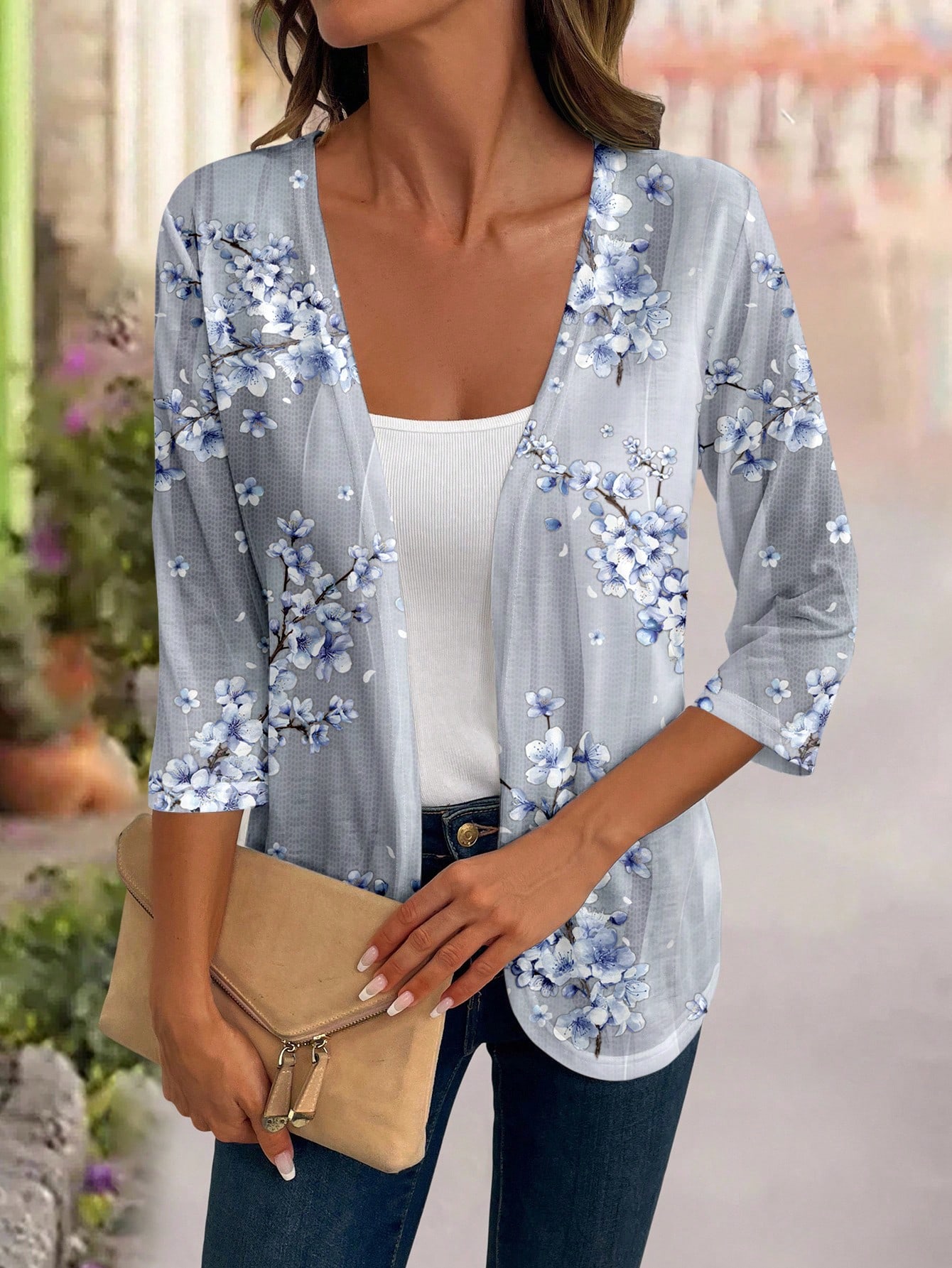CARDIGAN TERESA LIGERO DE FLORES GRIS AZUL – TALLA M - 3