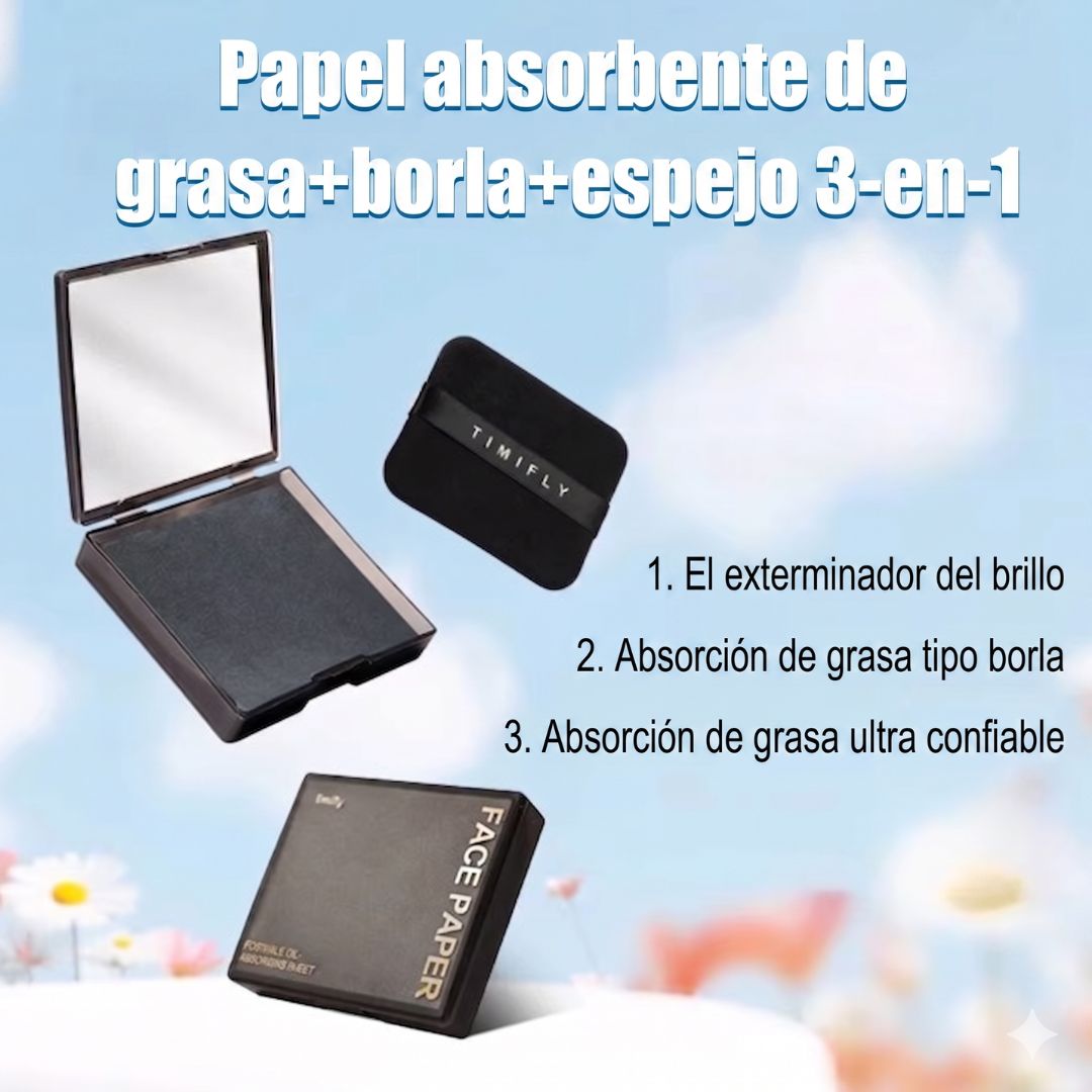PAPEL SECANTE FACIAL DE CARBÓN DE BAMBÚ CON ESPEJO Y POLVO (100 UNIDADES) - 1