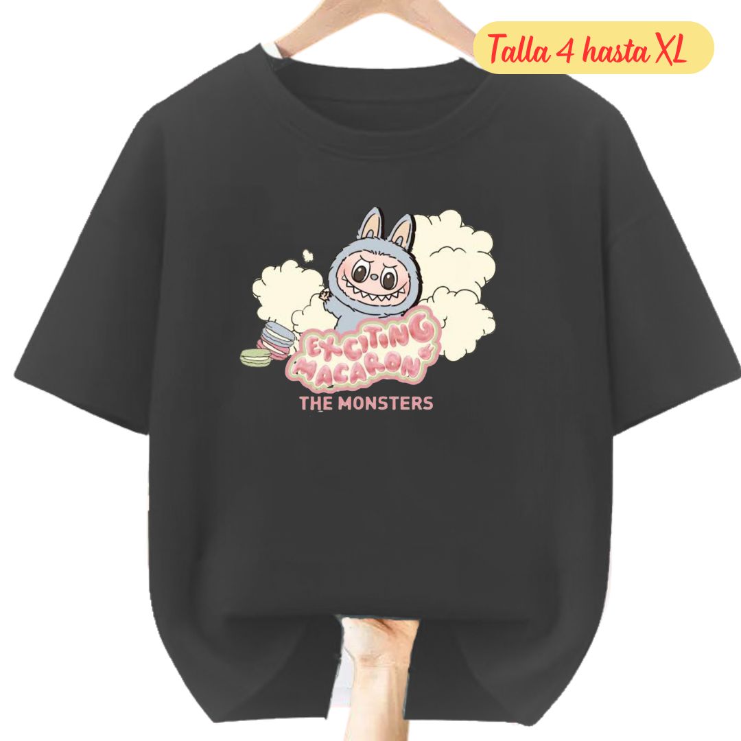 POLO MANGA CORTA ALGODÓN UNISEX NEGRO ABUBU MONSTER EXCITING MACARRON TALLAS 4 HASTA XL - 1