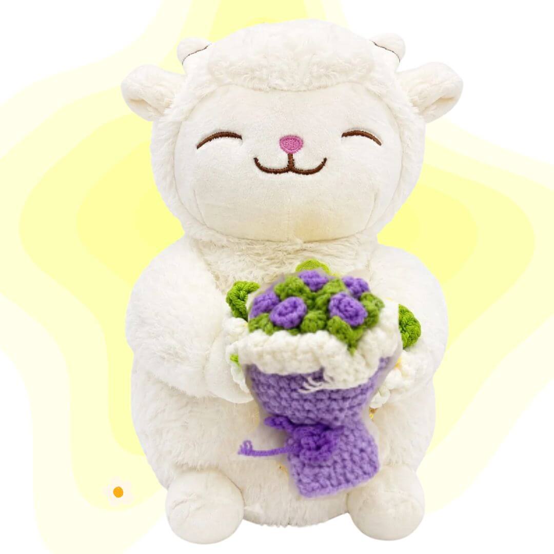PELUCHE OVEJA RAMO FLORES VIOLETA - MIDE 25 CM ALTO FLORES AMARILLAS - 1