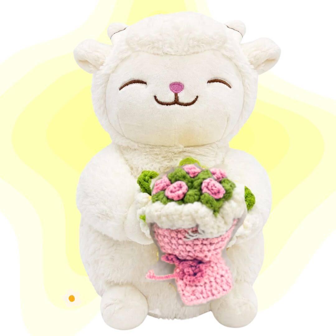 PELUCHE OVEJA RAMO FLORES ROSADAS - MIDE 25 CM ALTO FLORES AMARILLAS - 1