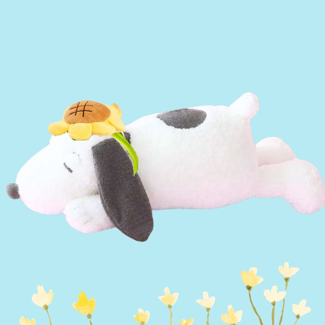 PELUCHE SNOOPY DORMIDO GIRASOL FLORES AMARILLAS - MIDE 32 CM LARGO - 2