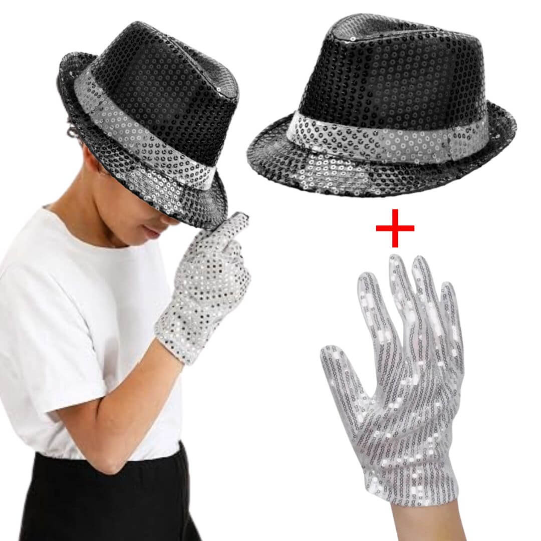 DISFRAZ MICHAEL JACKSON GORRO Y GUANTE BRILLOS - NIÑOS Y ADULTOS - 1