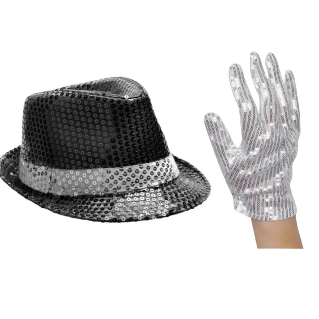 DISFRAZ MICHAEL JACKSON GORRO Y GUANTE BRILLOS - NIÑOS Y ADULTOS - 2