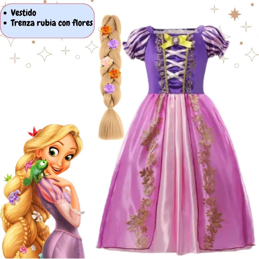 VESTIDO RAPUNZEL MORADO + TRENZA RUBIA DISFRAZ - TALLAS 4 HASTA 14 - 1