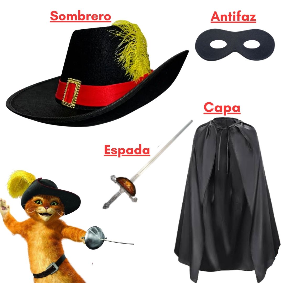 DISFRAZ GATO CON BOTAS SOMBRERO, CAPA, ESPADA Y ANTIFAZ - 1
