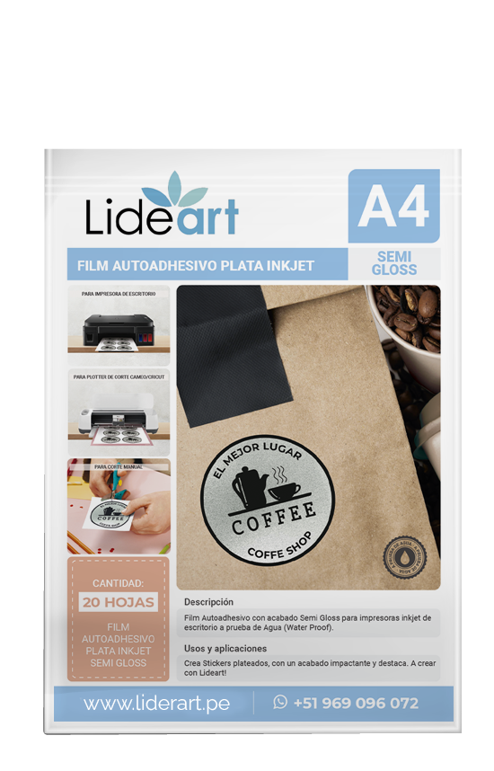 FILM AUTOADHESIVO LIDEART PLATA SEMI BRILLANTE PARA INKJET A4X20UND - 4