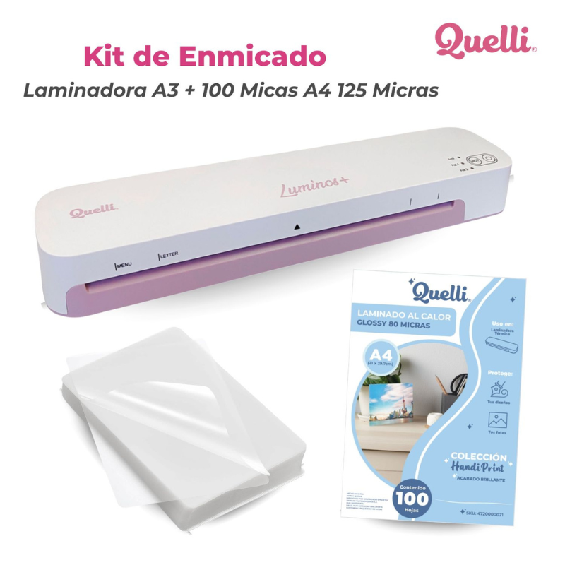 LAMINADORA ENMICADORA A3 QUELLI LUMINOS ROSA + 100 MICAS A4 - 1