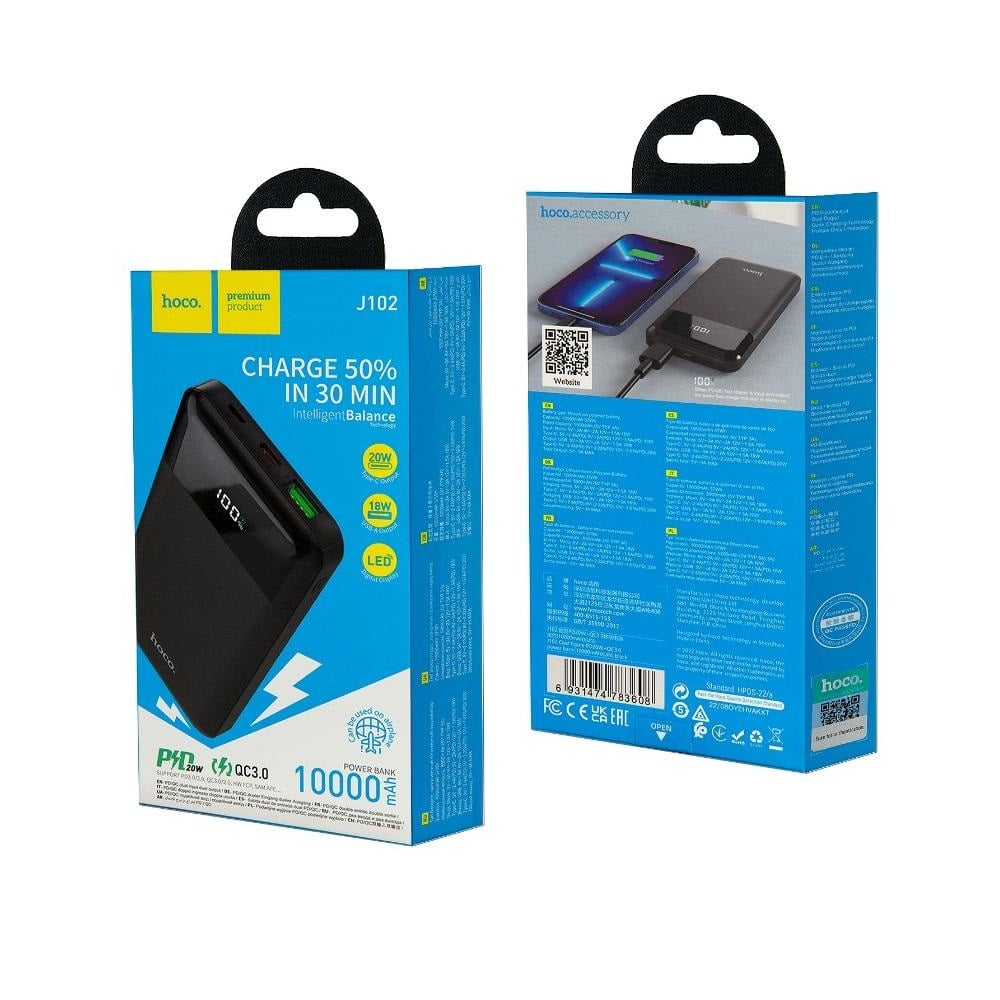 POWER BANK 10000MAH HOCO J102 CON INDICADOR LED NEGRO - 1
