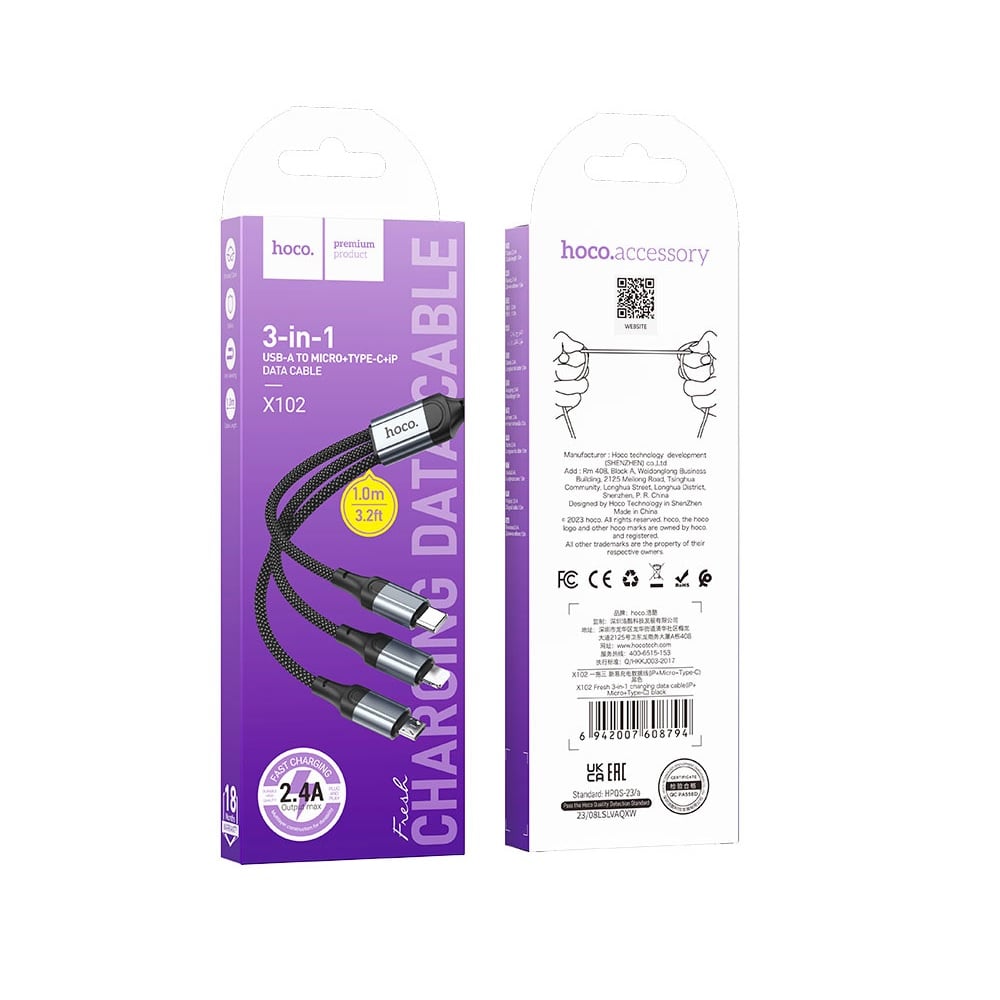 CABLE HOCO X102 FRESH 3 EN 1 USB A IP/MICRO/TIPO-C NEGRO - 3